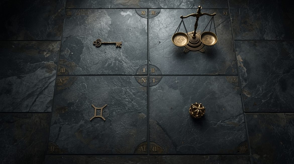 Натальная карта разделённая на четыре квадранта с планетными символами и астрологическими знаками на звёздном фоне