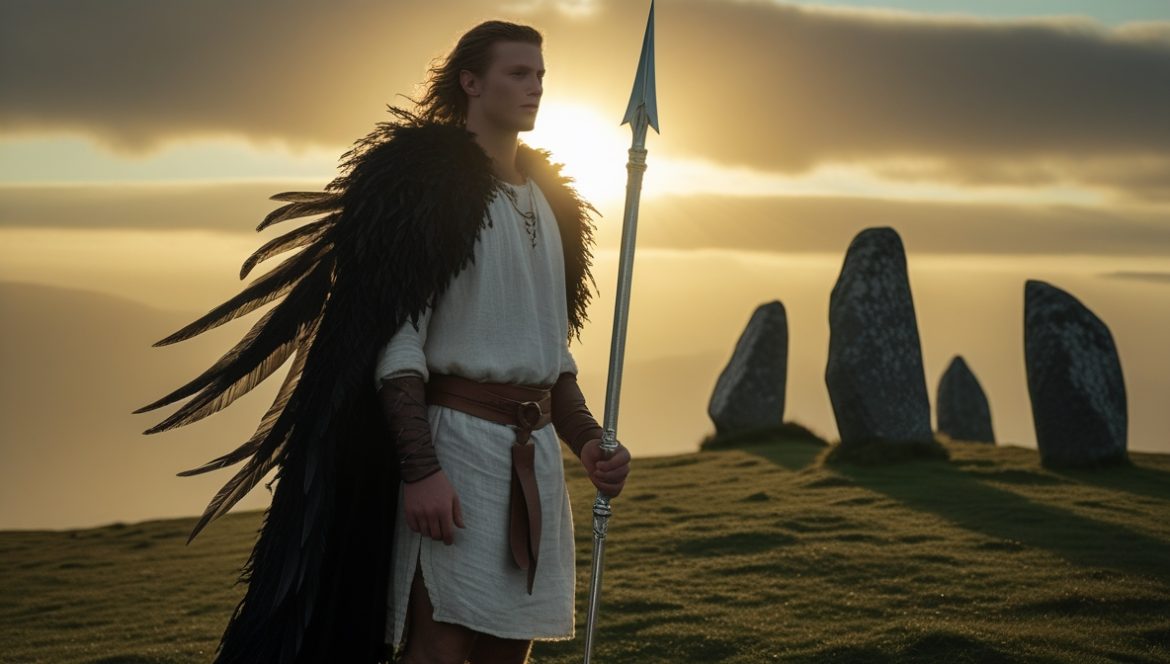 Луг Длиннорукий — кельтский бог солнца и всех ремёсел с копьём на фоне ирландских полей