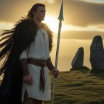 Луг Длиннорукий — кельтский бог солнца и всех ремёсел с копьём на фоне ирландских полей