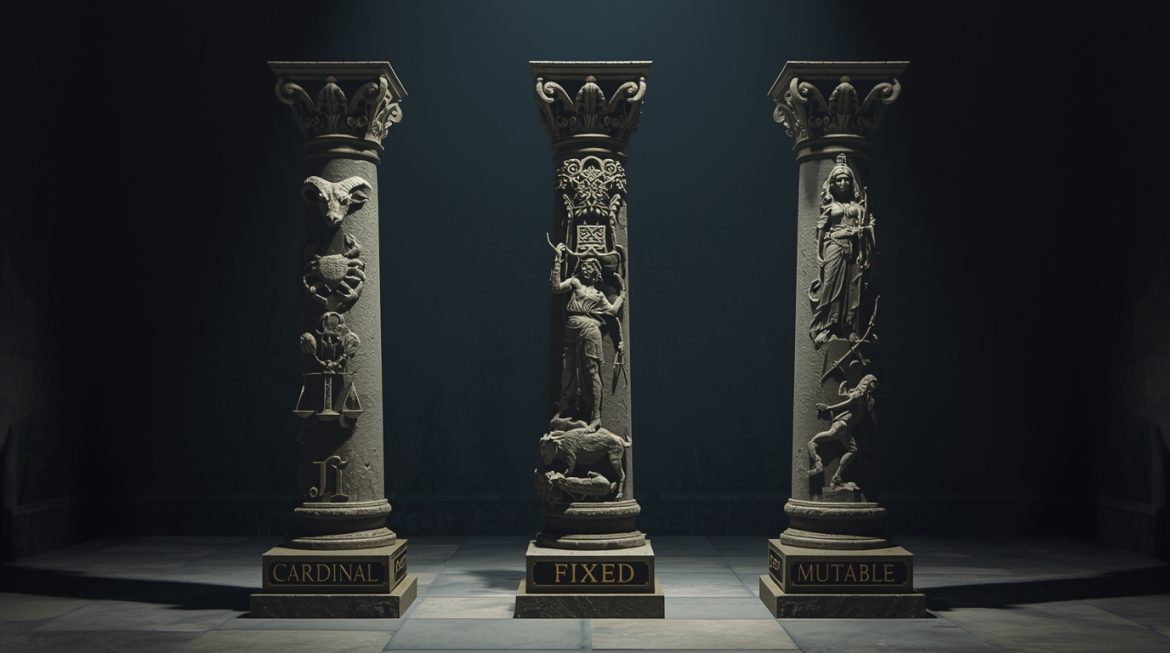 Зодиакальный круг, разделённый на три модальности — кардинальную, фиксированную и мутабельную — с символами знаков зодиака на фоне звёздного неба