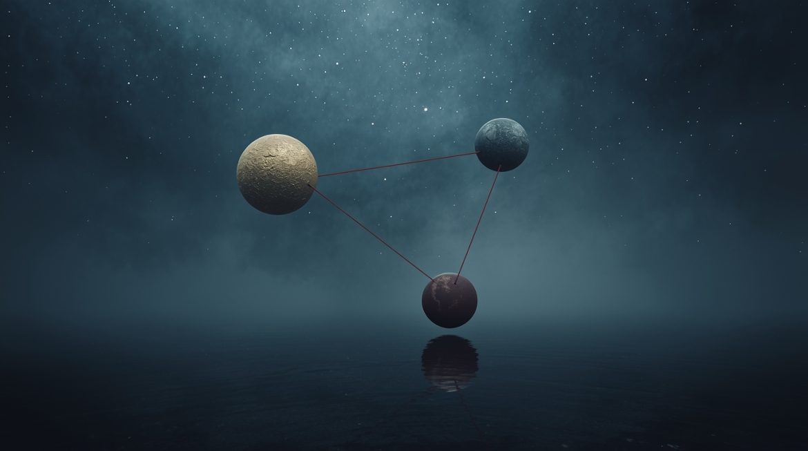 Напряжённые аспекты в синастрии — два гороскопа, наложенные друг на друга на фоне звёздного неба