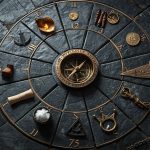 Натальная карта с 12 домами астрологии на тёмном космическом фоне с золотыми символами зодиака