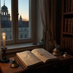 Ученик арканической эзотерической школы в ритуальном зале с геометрическими символами и лучами света