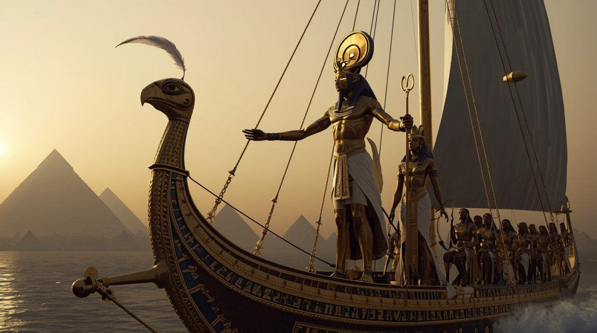 Бог Ра — египетский бог солнца с головой сокола и солнечным диском на солнечной барке над Нилом