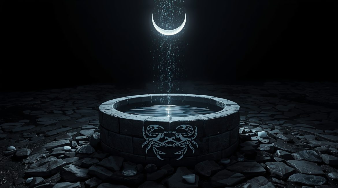 Знак зодиака Рак — символ краба на фоне лунного отражения в ночном океане