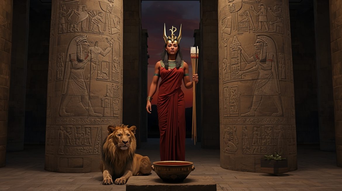 Сехмет — египетская богиня-львица с солнечным диском, стоящая в храме Древнего Египта