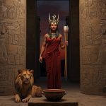 Сехмет — египетская богиня-львица с солнечным диском, стоящая в храме Древнего Египта