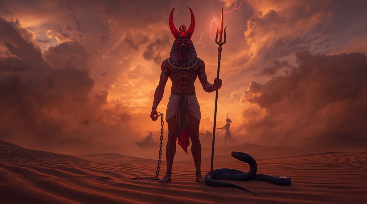 Сет бог хаоса Древнего Египта стоит с копьём на ладье Ра в битве с Апопом