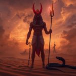 Сет бог хаоса Древнего Египта стоит с копьём на ладье Ра в битве с Апопом