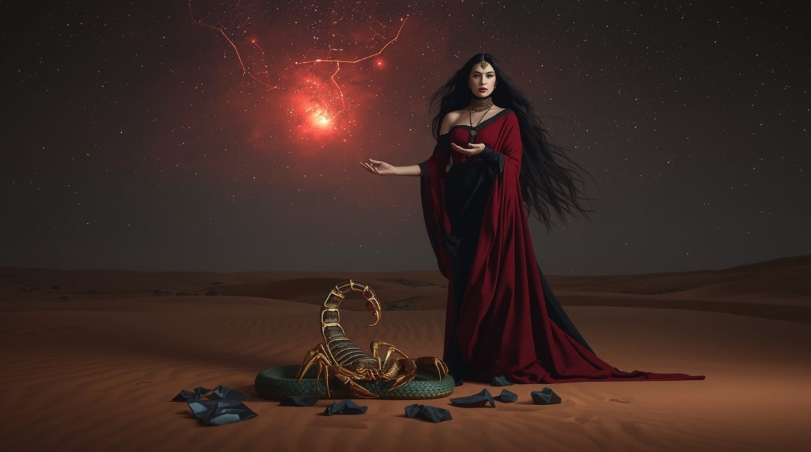 Загадочная женщина-Скорпион на фоне звёздного неба с созвездием Скорпиона