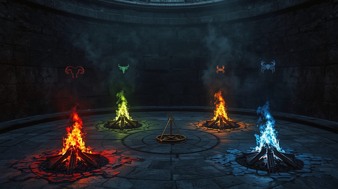 Совместимость по стихиям в астрологии — женщина с натальной картой и символами четырёх элементов