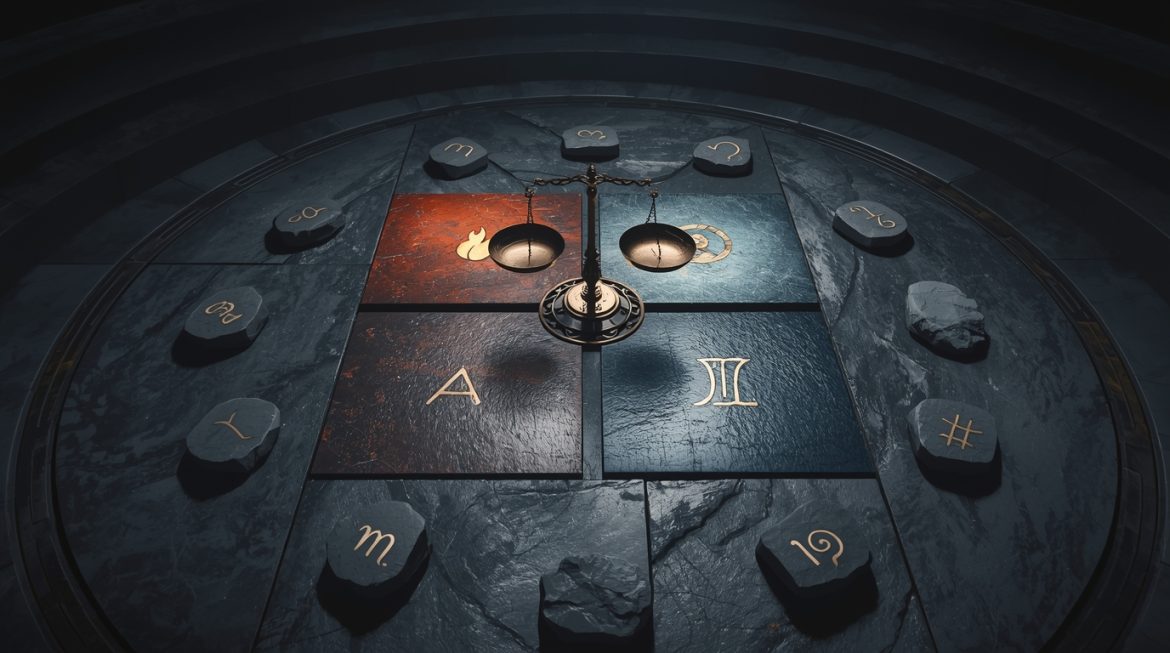 Колесо зодиака с четырьмя стихиями — схема баланса огня, земли, воздуха и воды в астрологии