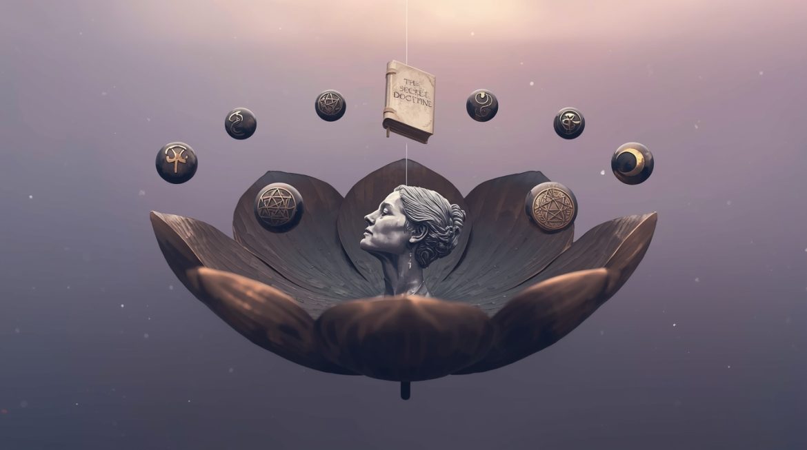 Женщина в медитации с космическими символами и эзотерическими знаками теософии Блаватской