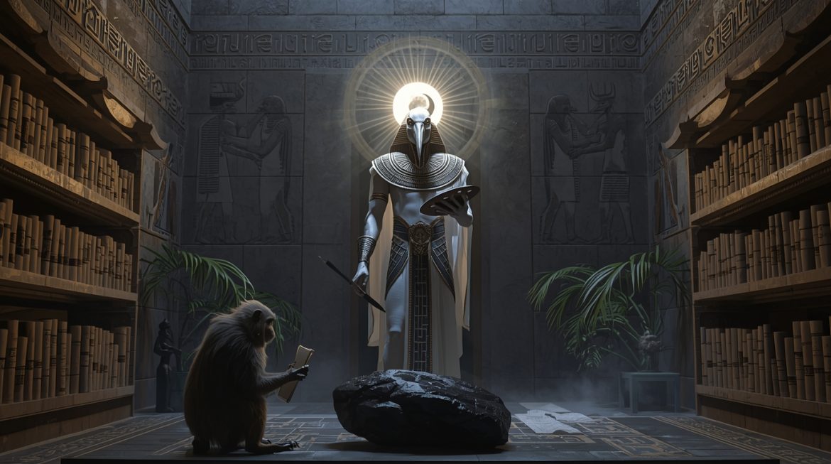 Египетский жрец-писец в храме Тота с иероглифами, папирусом и лунным светом — бог мудрости Древнего Египта