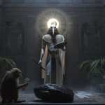 Египетский жрец-писец в храме Тота с иероглифами, папирусом и лунным светом — бог мудрости Древнего Египта