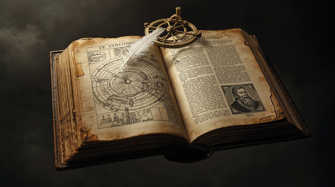 Учёный эпохи Возрождения изучает карту Атлантиды в старинном кабинете — Бэкон, Кирхер, тайна утраченного континента