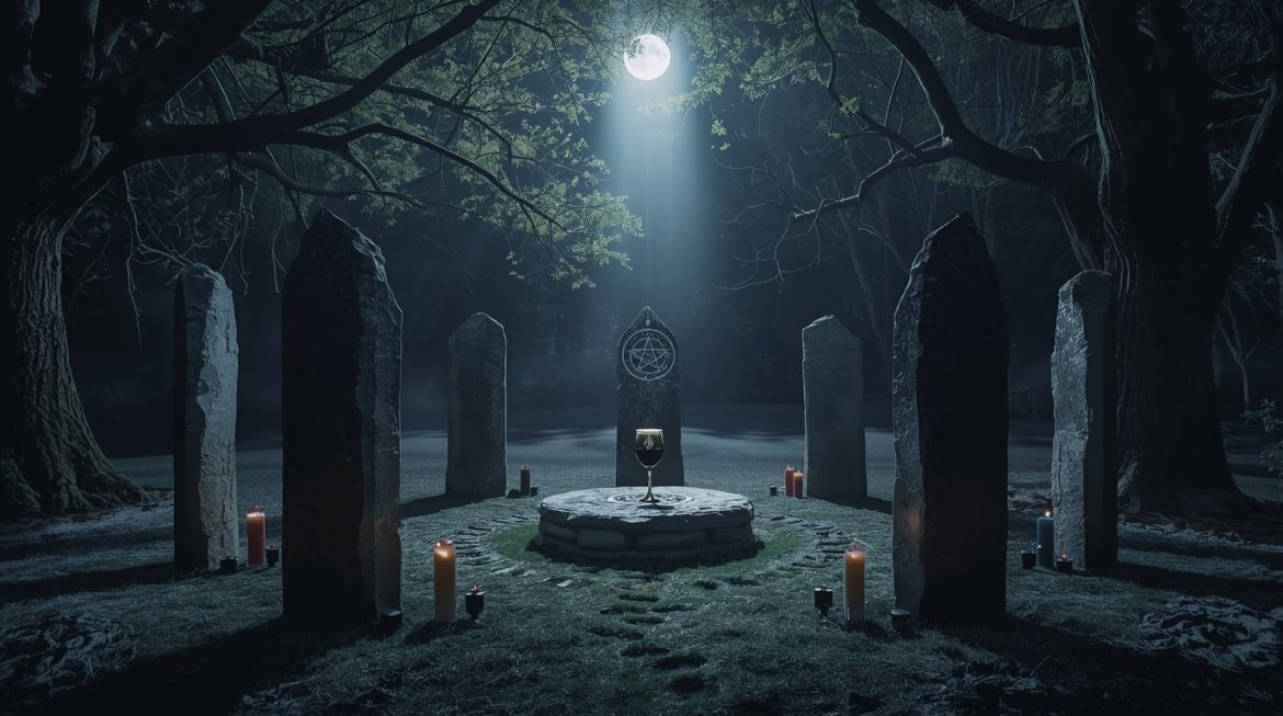 викканский ковен ведьмовской круг ритуал ночной лес свечи пентаграмма