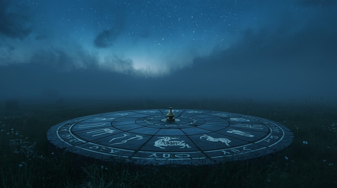 Зодиакальный круг с двенадцатью знаками зодиака и четырьмя стихиями в космическом пространстве