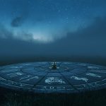 Зодиакальный круг с двенадцатью знаками зодиака и четырьмя стихиями в космическом пространстве