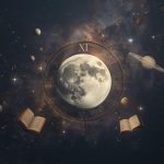 Луна в 11-м доме — женщина в центре круга единомышленников под звёздным небом, символ дружбы и эмоциональной связи в натальной астрологии